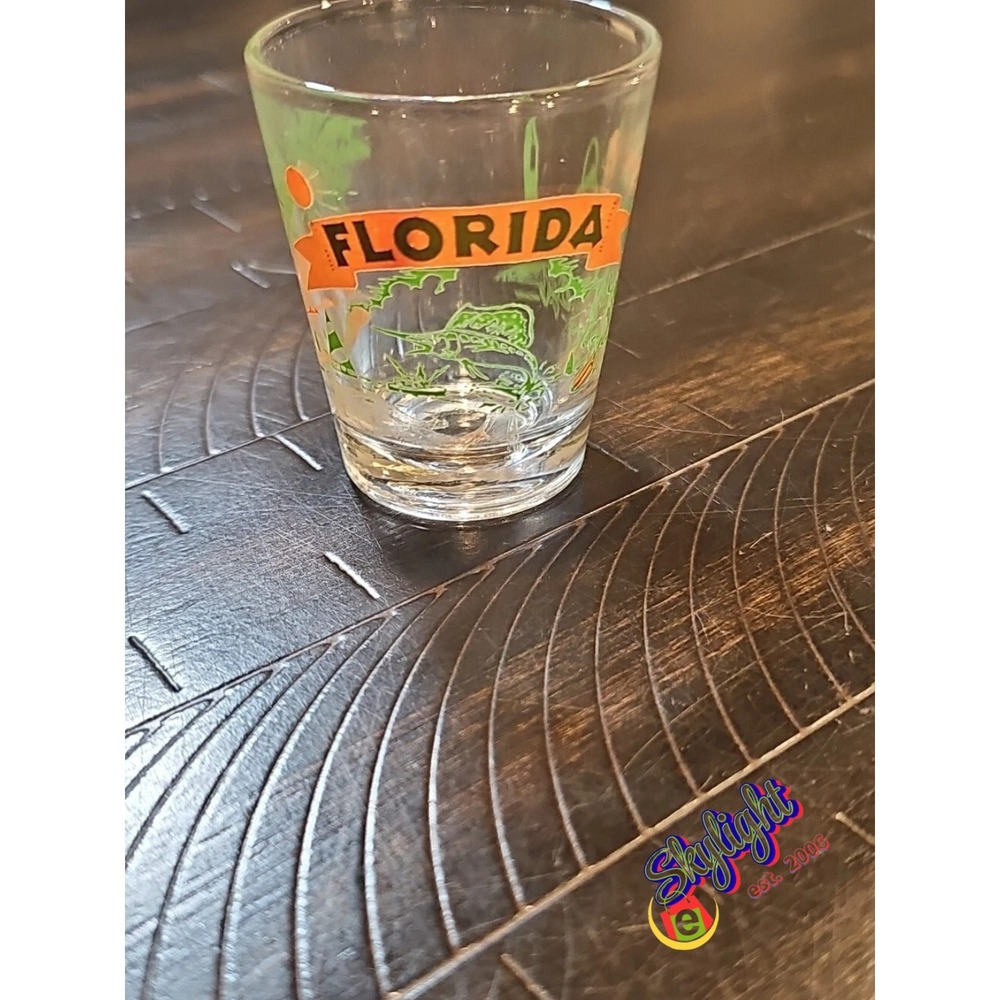 Vintage Florida Cold Shot Glass Orange‎ Green Alligator Palms Late 70s Souvenir